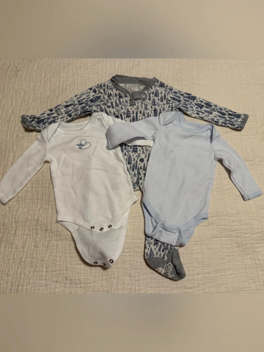 Lot of three bodysuits Burt’s Bees Long-Sleeve One-Piece footed PJ and 2 others